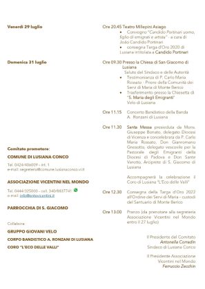 54° Giornata Emigrante Velo di Lusiana Conco 2022 - programma