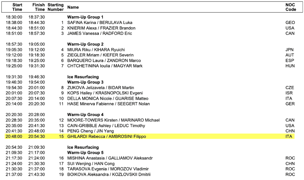 Rebecca Ghilardi Filippo Ambrosini Olimpiadi invernali 2022 Pechino ordine partenza programma corto