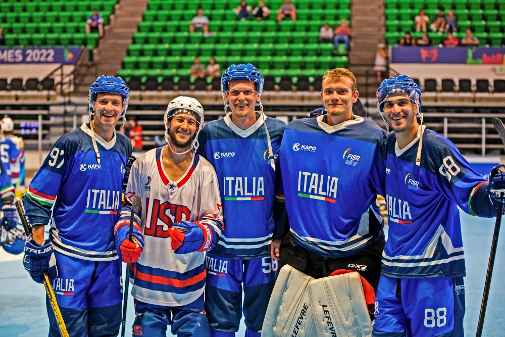 Hockey inline World Games 2022 - giocatori Vicenza Davide Dal Sasso Michele Nicola Frigo Fabrizio Pace Nathan Sigmund