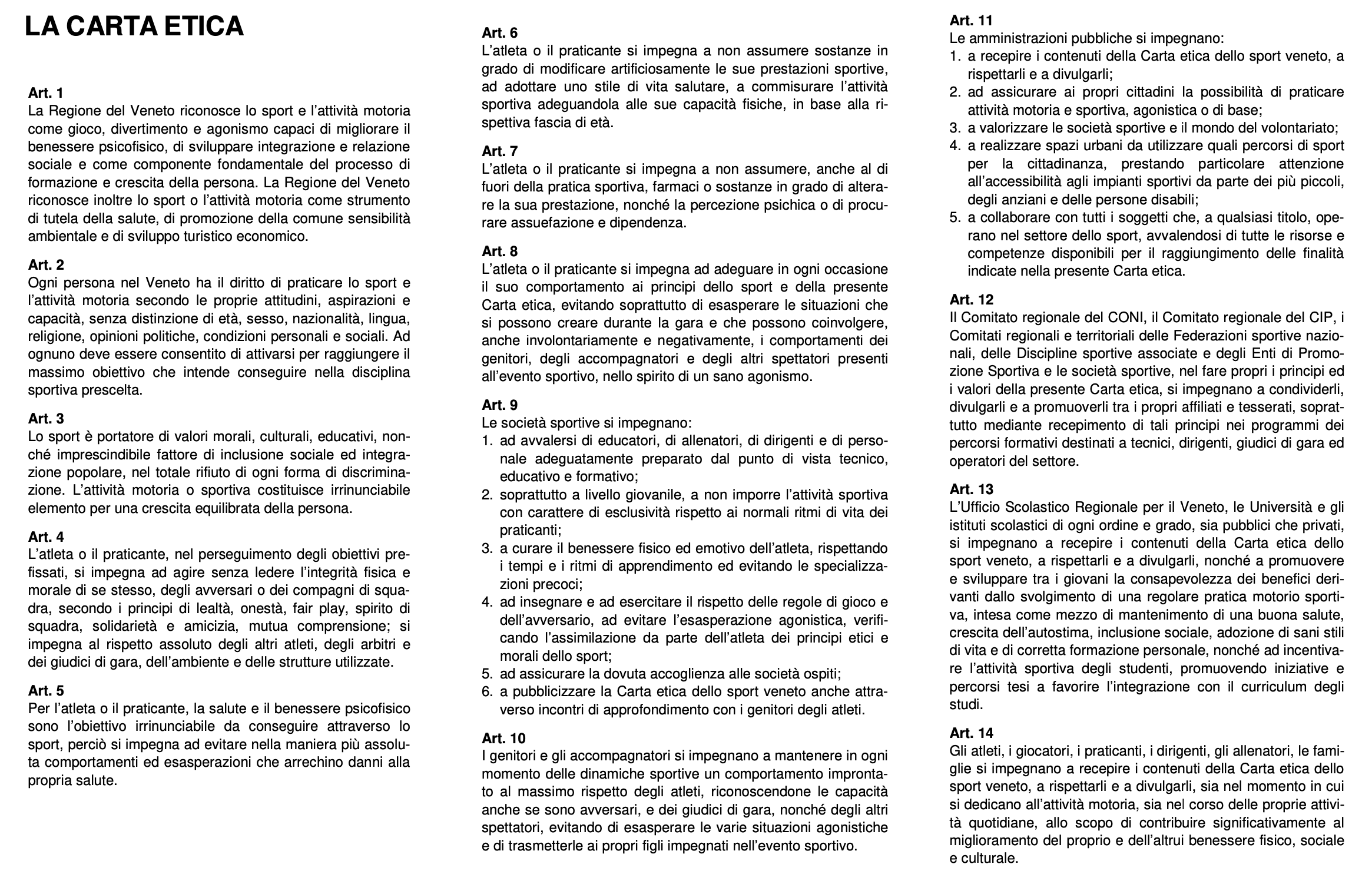 Regione Veneto - Carta Etica dello Sport - Articoli