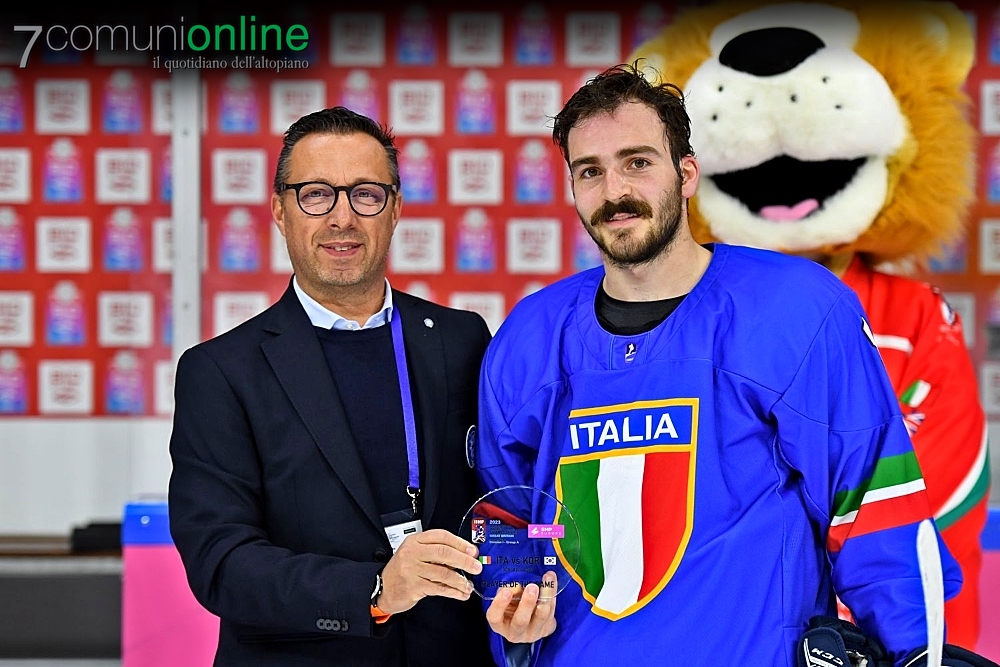 Hockey ghiaccio Italia Mondiali Nottingham Inghilterra 2023 - Corea del Sud - inno Daniel Mantenuto MVP
