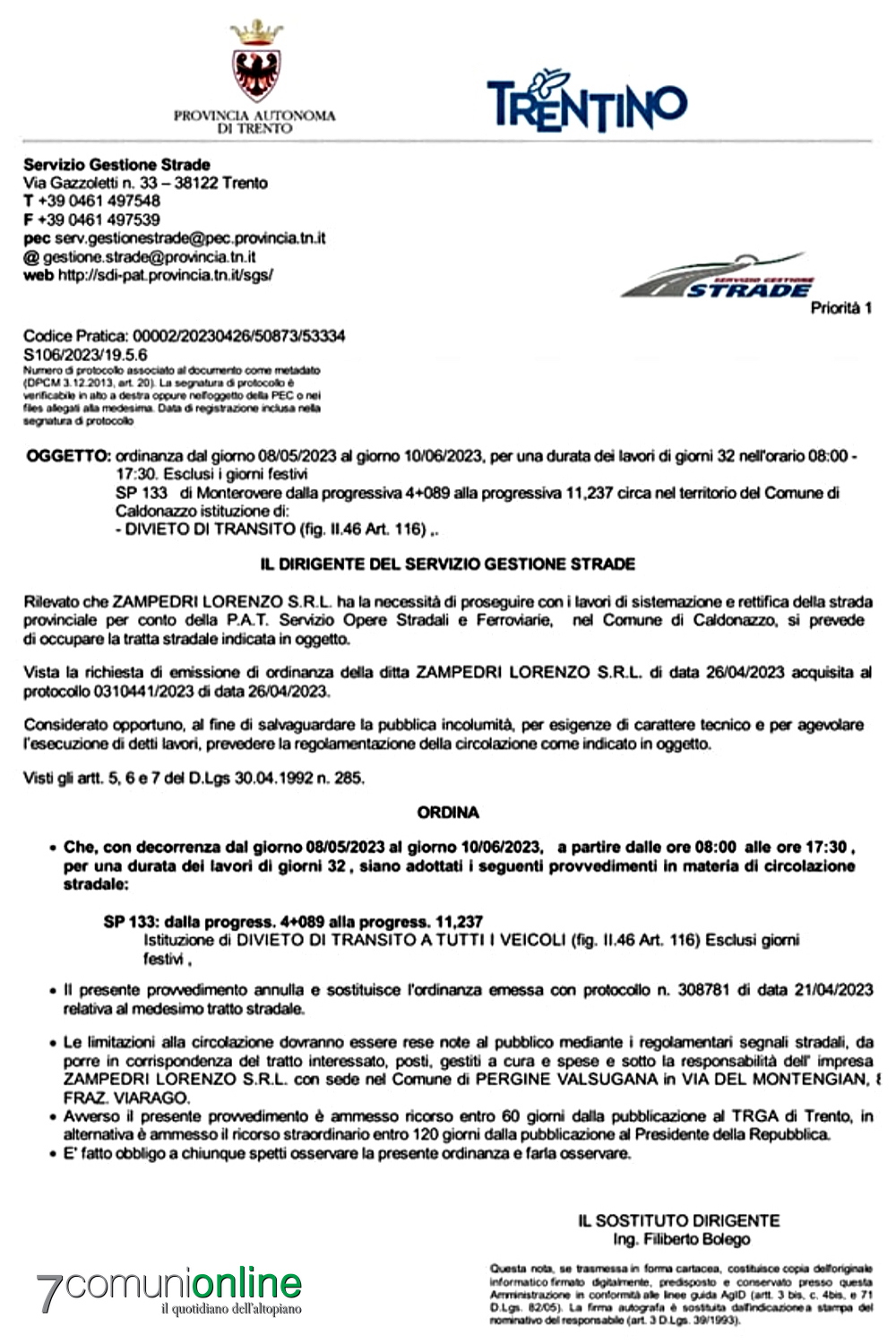 Menador - chiusura maggio 2023 - ordinanza Servizio Gestione Strade Trentino